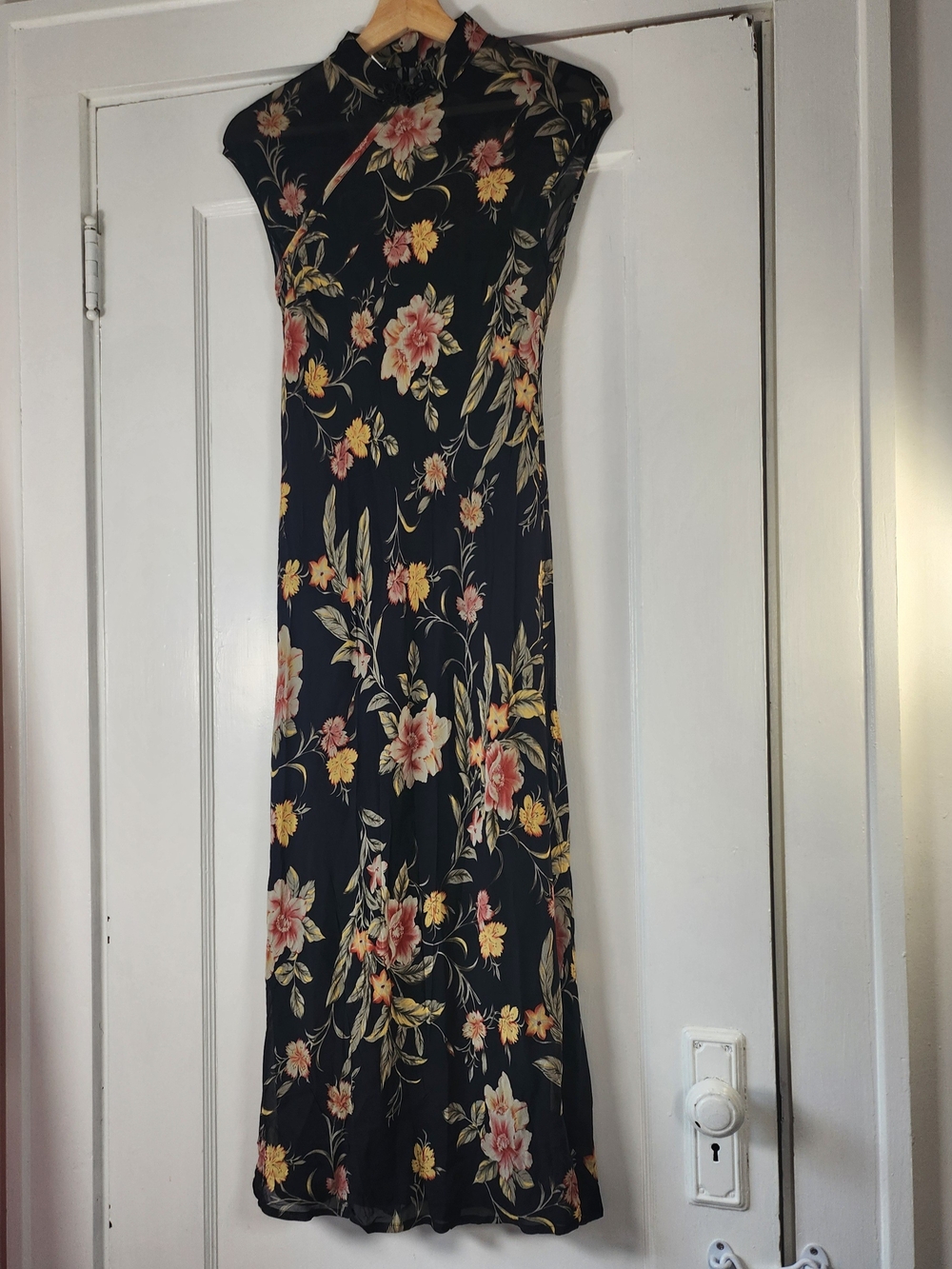 Vtg Y2K Talbots Black Floral Maxi Dress with Mandarin Collar - Picture 3 of 8
